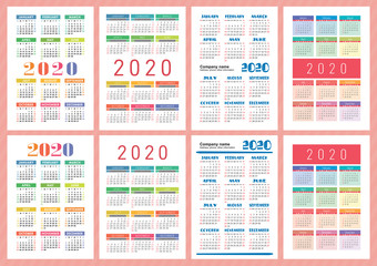 Good calendar 2020 year. Vector template collection. Colorful English pocket calender set. Week starts on Sunday