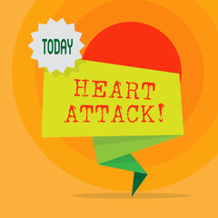Word writing text Heart Attack. Business photo showcasing sudden occurrence of coronary thrombosis resulting in death Blank Space Green Two Tone Folded Back Banner Strip with Seal Stamp Sticker
