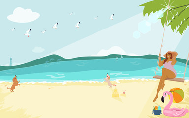 Fototapeta na wymiar A woman relaxing on summer vacation with sunny seascape. Flat design vector illustration.