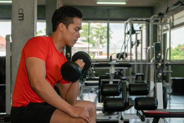 Fototapeta na wymiar male having exercise lifting dumbbell in gym