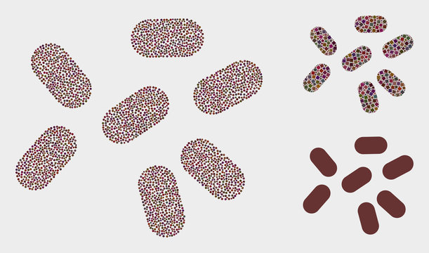 Pixel and mosaic microbes icons. Vector icon of microbes constructed of irregular round pixels. Other pictogram is constructed from square dots.