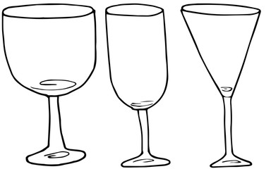 set of hand drawing alcohol glasses for wine and cocktails. vector doodle illustration.