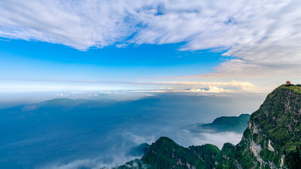 Peaks and seas of clouds under blue sky and white clouds, Emei Mountain, Sichuan Province, China