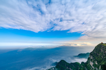 Peaks and seas of clouds under blue sky and white clouds, Emei Mountain, Sichuan Province, China