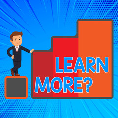 Handwriting text writing Learn More question. Conceptual photo gain knowledge or skill by studying or practicing Happy Businessman Presenting Growth and Success in Rising Bar Graph Columns