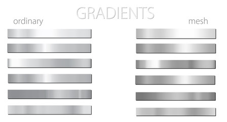 Non-colored gradients. Set or palette. Mesh and regular gradients. Grey shades. For designers. Vector illustration. Graphic resources. Black and white color.