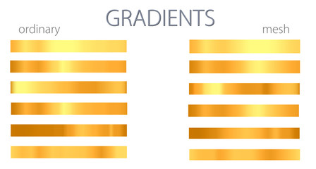 Yellow gradients. Set or palette. Mesh and regular gradients. Golden colors. For designers. Vector illustration. Holiday colors. Graphic resources. Yellow and orange color.