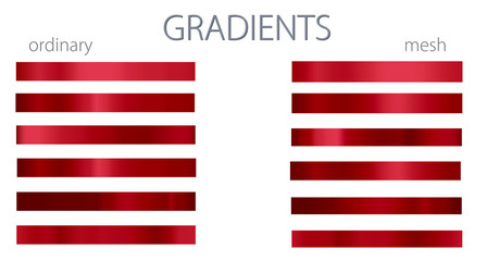 Red gradients. Set or palette. Mesh and regular gradients. Warm colors. For designers. Vector illustration. Holiday colors. Graphic resources. Scarlet color.