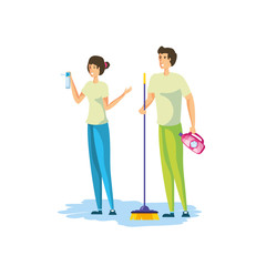 Isolated woman and man cartoon cleaning design