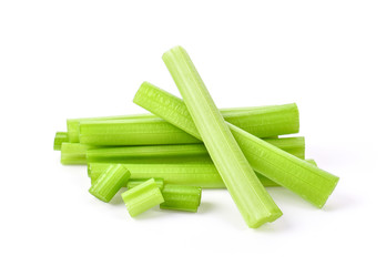 heap of sliced celery on white background.