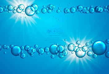 Bubbles in water on blue background. Circle and liquid, light design, clear soapy shiny,