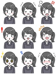 いろいろな表情のセット（女性　スーツ姿　黒髪ポニーテール）