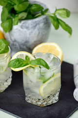 Basil, lemon lemonade or alcoholic cocktail with ice. Cold summer drink, resort bar menu, cafe concept