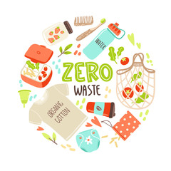Vector round illustration with hand drawn elements of zero waste life. No plastic. Go green