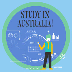 Conceptual hand writing showing Study In Australia. Concept meaning going into foreign country order complete your studies Man Holding Pen Pointing to Chart Diagram SEO Process Icons