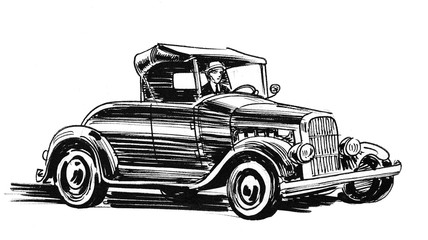 Retro car with a driver. Ink black and white drawing