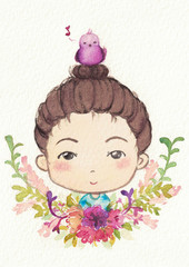 A cute purple fat bird is singing on a girl’s messy hair styled in a small bun. Hand-drawn watercolor painting on white background. Comic cute girl. Perfect for cute cards. Girly design. 