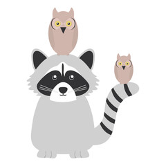 Fototapeta na wymiar cute raccoon and owls birds woodland animals