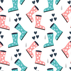 Seamless pattern with boots in Rainey weather.Vector design for wrapping paper, textile.