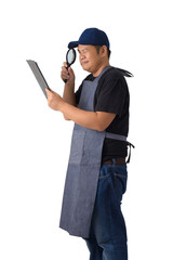 worker man or Serviceman in Black shirt and apron is holding clipboard and use Magnifying glass isolated