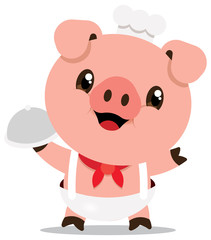 Cute pig chef cartoon character carries serving tray. Cartoon vector mascot isolated. - Flat art vector