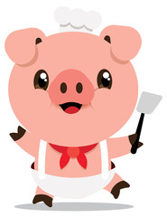 Cute pig chef holding a spatula kitchen tool. Pig mascot character - flat art vector