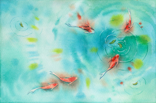 Watercolor hand painting, two koi carp fish in pond, symbol of good luck and prosperity