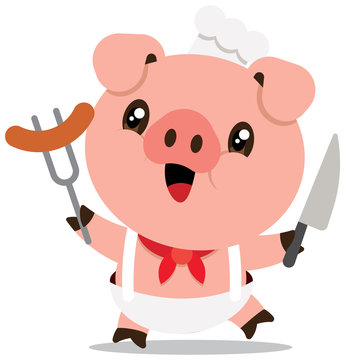 Cute chef pig holding knife and fork with big sausage. Happy pig character illustration - Flat art vector