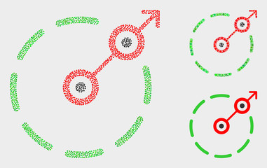 Pixel and mosaic radial escape border icons. Vector icon of radial escape border designed with randomized circle items. Other pictogram is designed from elements.