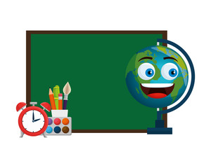 school chalkboard with world map kawaii and supplies