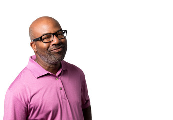Portrait of a Cheerful smiling and smirking African American with purple shirt and black glasses on  white isolated background