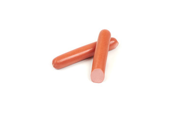 Fresh boiled sausages and slices, isolated on white background