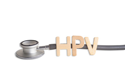Stethoscope with  wooden  text " HPV"  put on white background. have  Clipping path.