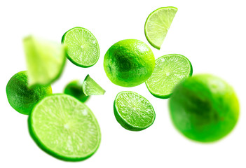 green lime levitated on a white background
