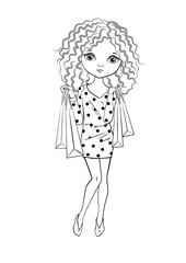 Coloring page outline of cartoon cute girl with shopping bags. Coloring book for kids. Vector illustration