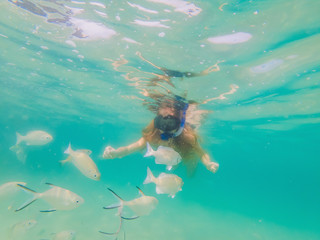 Happy woman in snorkeling mask dive underwater with tropical fishes in coral reef sea pool. Travel lifestyle, water sport outdoor adventure, swimming lessons on summer beach holiday