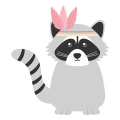 Fototapeta na wymiar cute raccoon with feathers hat bohemian style