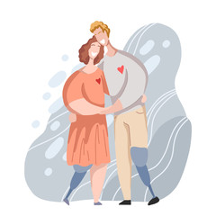 Happy couple with legs prosthesis hugging and laughing. Relationships and love. Date in modern flat style. Family and unity of people. Vector element for cards, invitations and your creativity