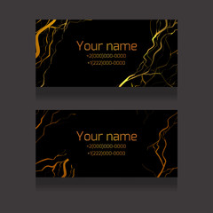 Set of marble business cards with golden cracks on a black background. Stylish templates for invitations, cards and your design. Luxury flyers with space for text.