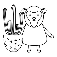 cute monkey with exotic cactus in ceramic pot