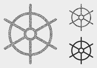 Pixelated and mosaic ship rule wheel icons. Vector icon of ship rule wheel formed of scattered round pixels. Other pictogram is formed from square particles.