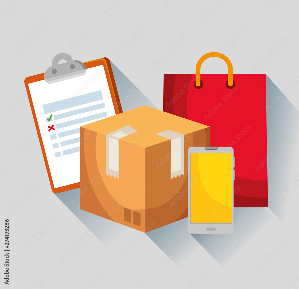 Poster check list with box package and smartphone with bag