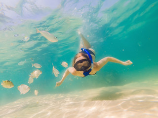 Happy woman in snorkeling mask dive underwater with tropical fishes in coral reef sea pool. Travel...