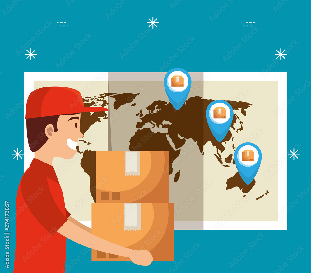 Poster man with boxes packages and global map with location signs