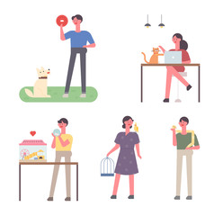 A variety of pets and their owners spend time together. flat design style minimal vector illustration.
