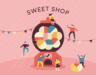 Sweet shop post card. Little people are having fun around the candy machine. flat design style minimal vector illustration.