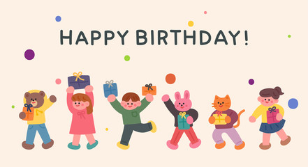 A cute friend and animal friend is holding a gift box and is having fun. flat design style minimal vector illustration.