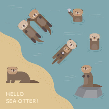 Various Acts Of The Sea Otter. Flat Design Style Minimal Vector Illustration.