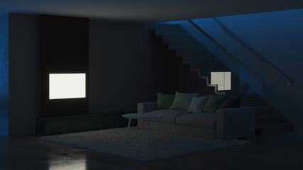 Modern house interior. Night. Evening lighting. 3D rendering.