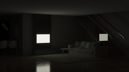 Modern house interior. Night. Evening lighting. 3D rendering.